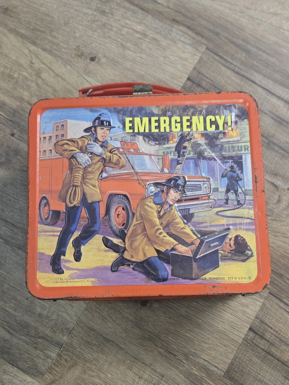 1973 Aladdin Emergency! Metal Lunchbox Lunch Box Thermos Truck 51 Firefighter
